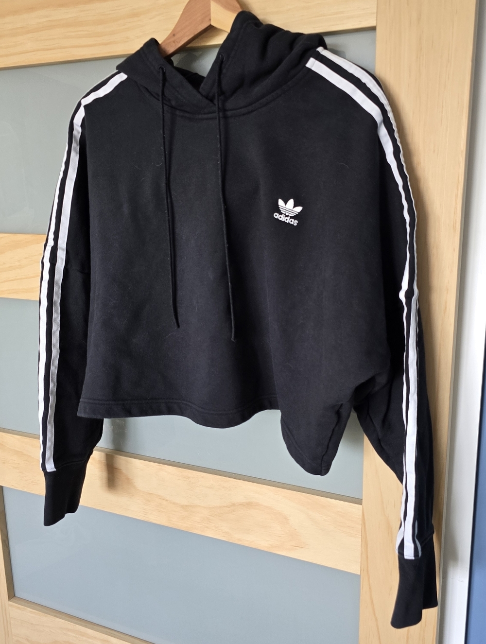 adidas Originals Black Cropped Hoodie with White 3-Stripes